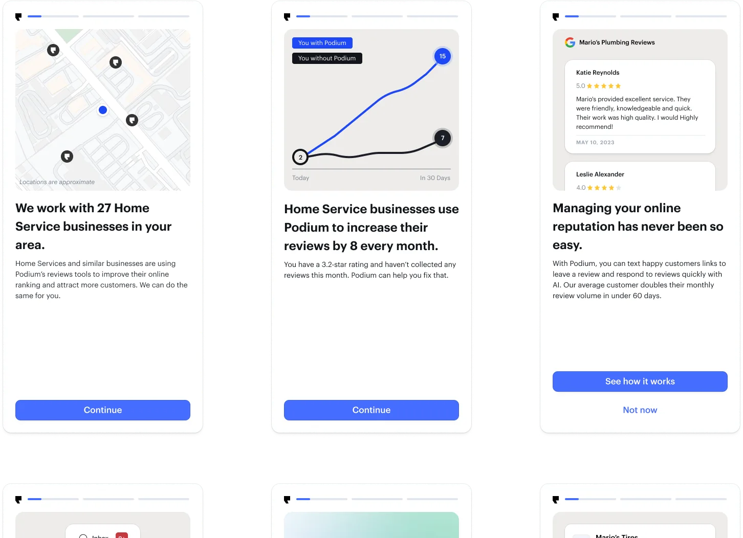 Version 1 onboarding screens: local social proof, a with-Podium vs without-Podium review projection, and a reviews preview