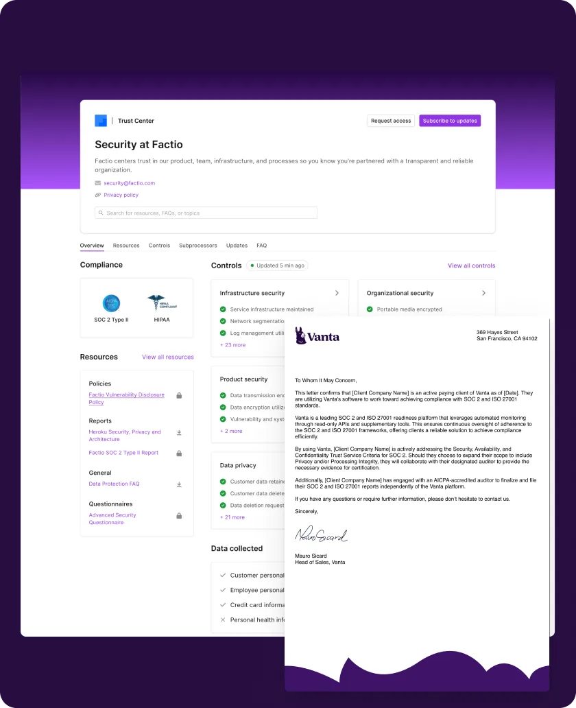 A branded engagement letter shown alongside a customer's live Trust Center
