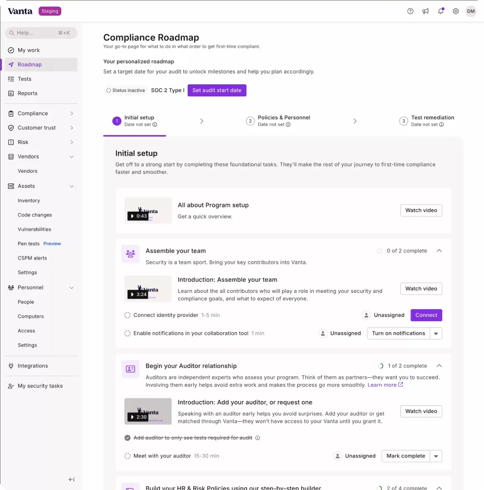 The redesigned Compliance Roadmap: a personalized, step-by-step setup with owners, time estimates and short intro videos